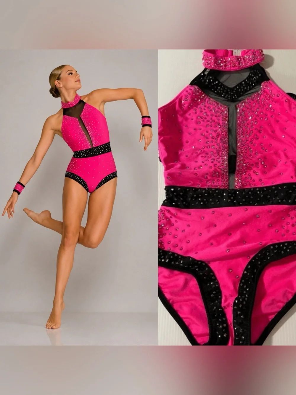 Glamour Solo Dance Costume Hot Pink Black Rhinestone contemporary jazz XSA Adult